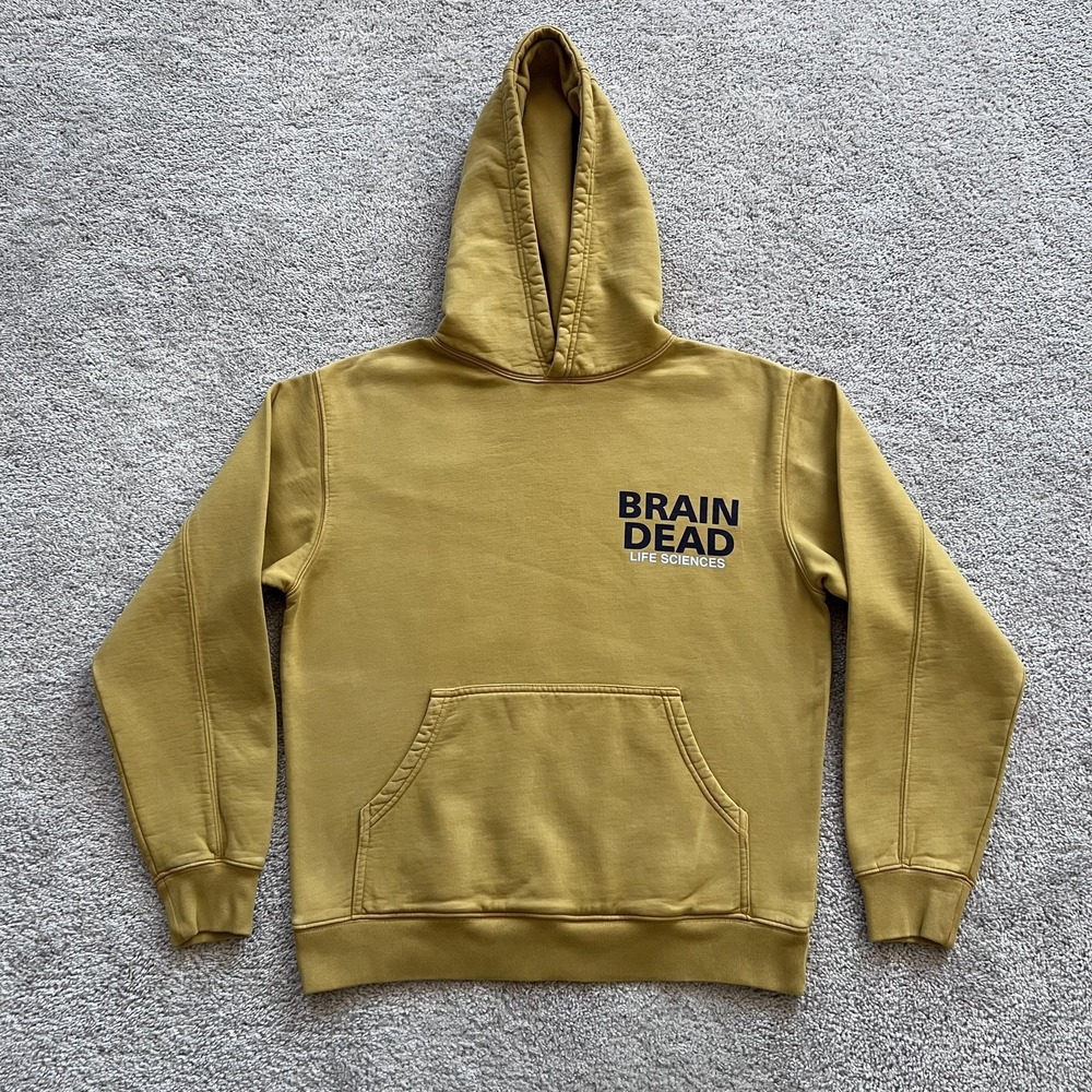 Brain Dead Life Sciences Hoodie Mens Small Yellow Back Graphic Fleece Pullover